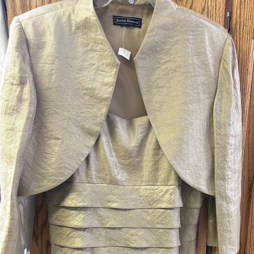 Jessica Howard 2 Piece Metallic Gold Dress and Jacket for Special Occasions